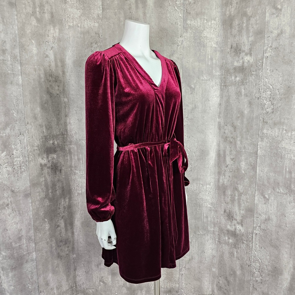 Draper James Womens S Wine Red Bishop L/S Belted Velvet Dress VNeck Mini Dress - Picture 5 of 10